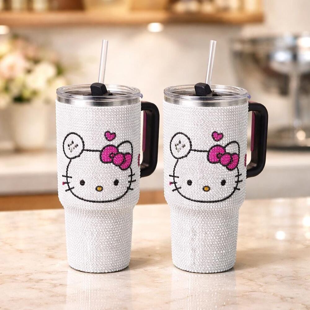 Hello Kitty Hearts Rhinestone Stainless Steel Feminine Bling Bling Travel Cup